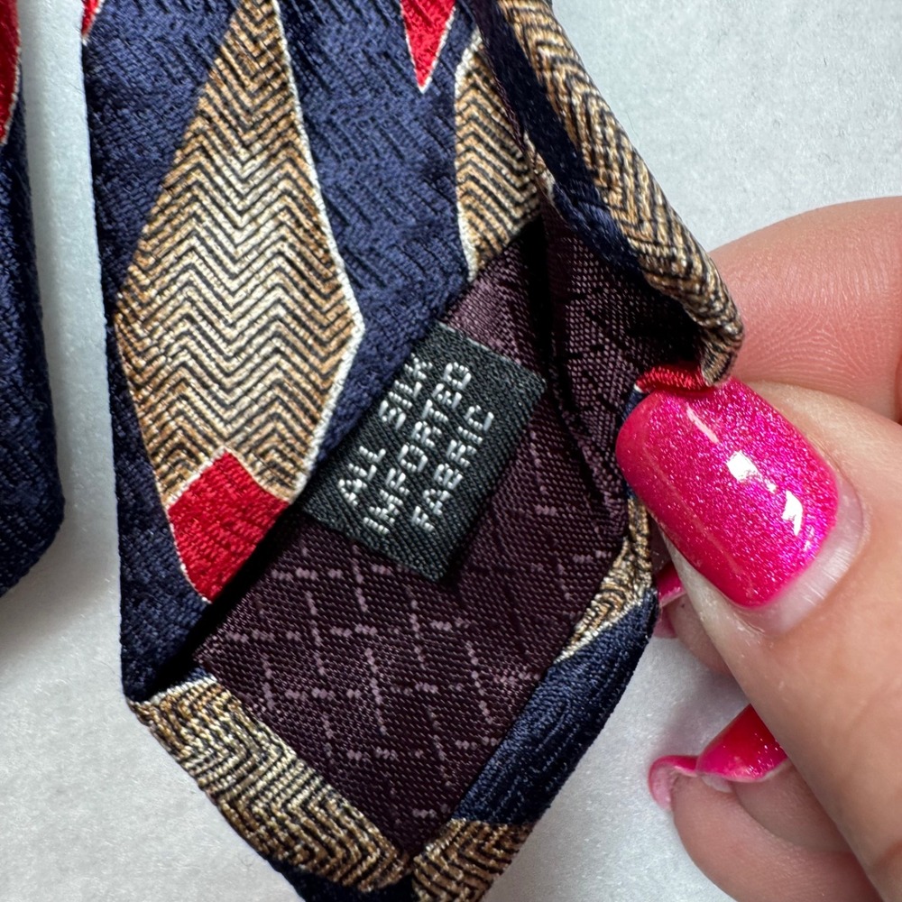 Givenchy Monsieur Vtg Mens Silk Necktie Navy Blue Red Tan Geometric Pattern READ - Picture 2 of 6